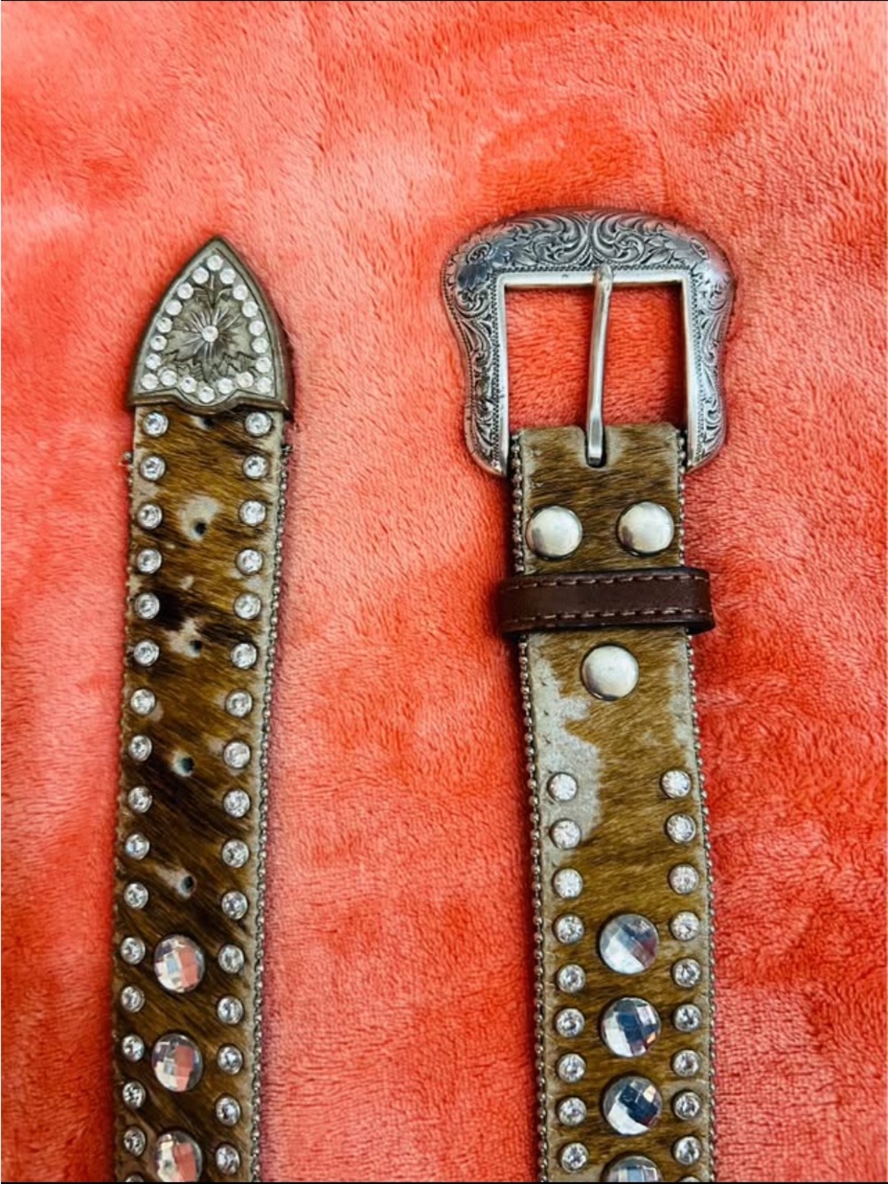 Cowhide Crystal Stud Western Belt - Brown with Silver Buckle